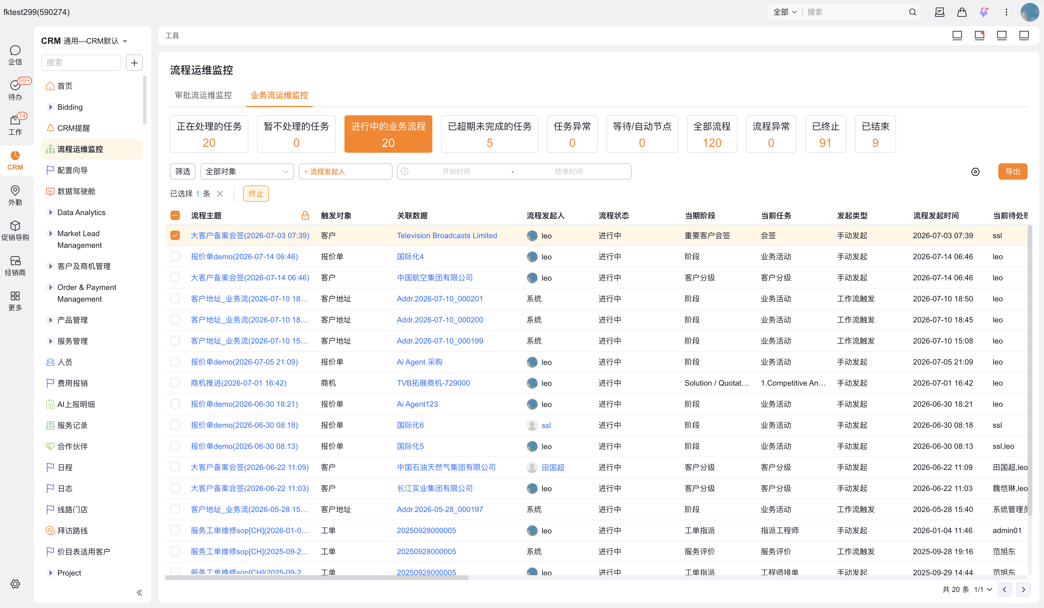 业务流运维分析列表