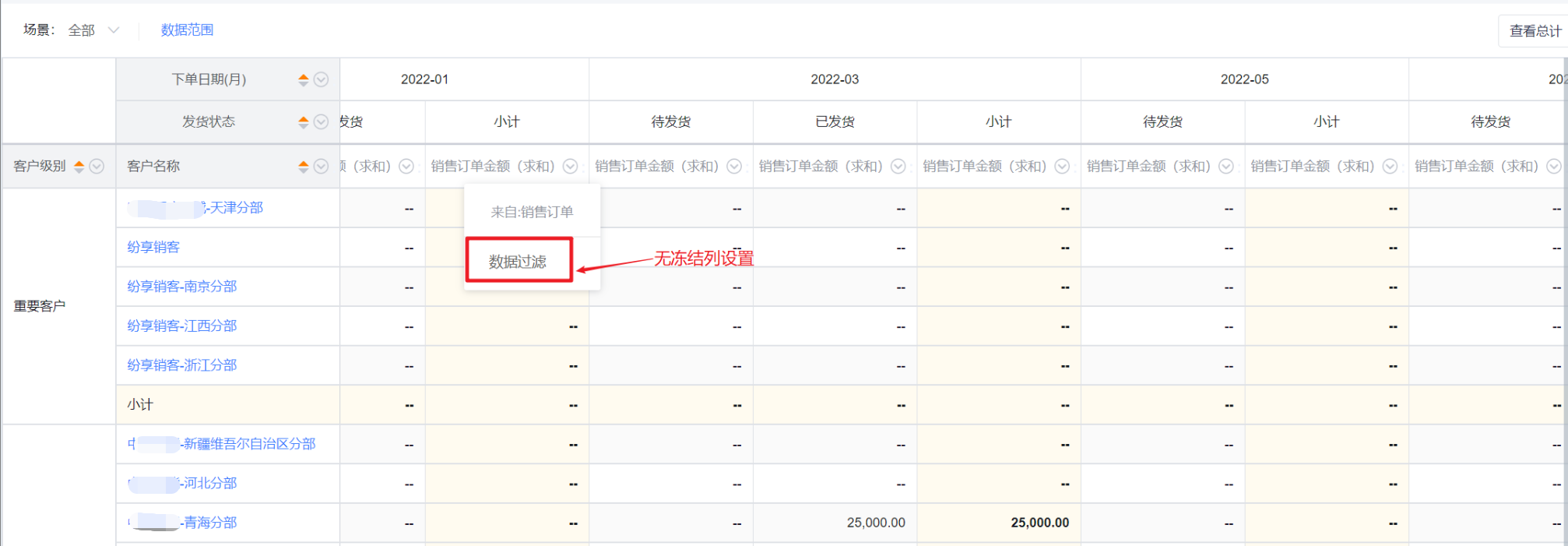 交叉报表的冻结界面示意
