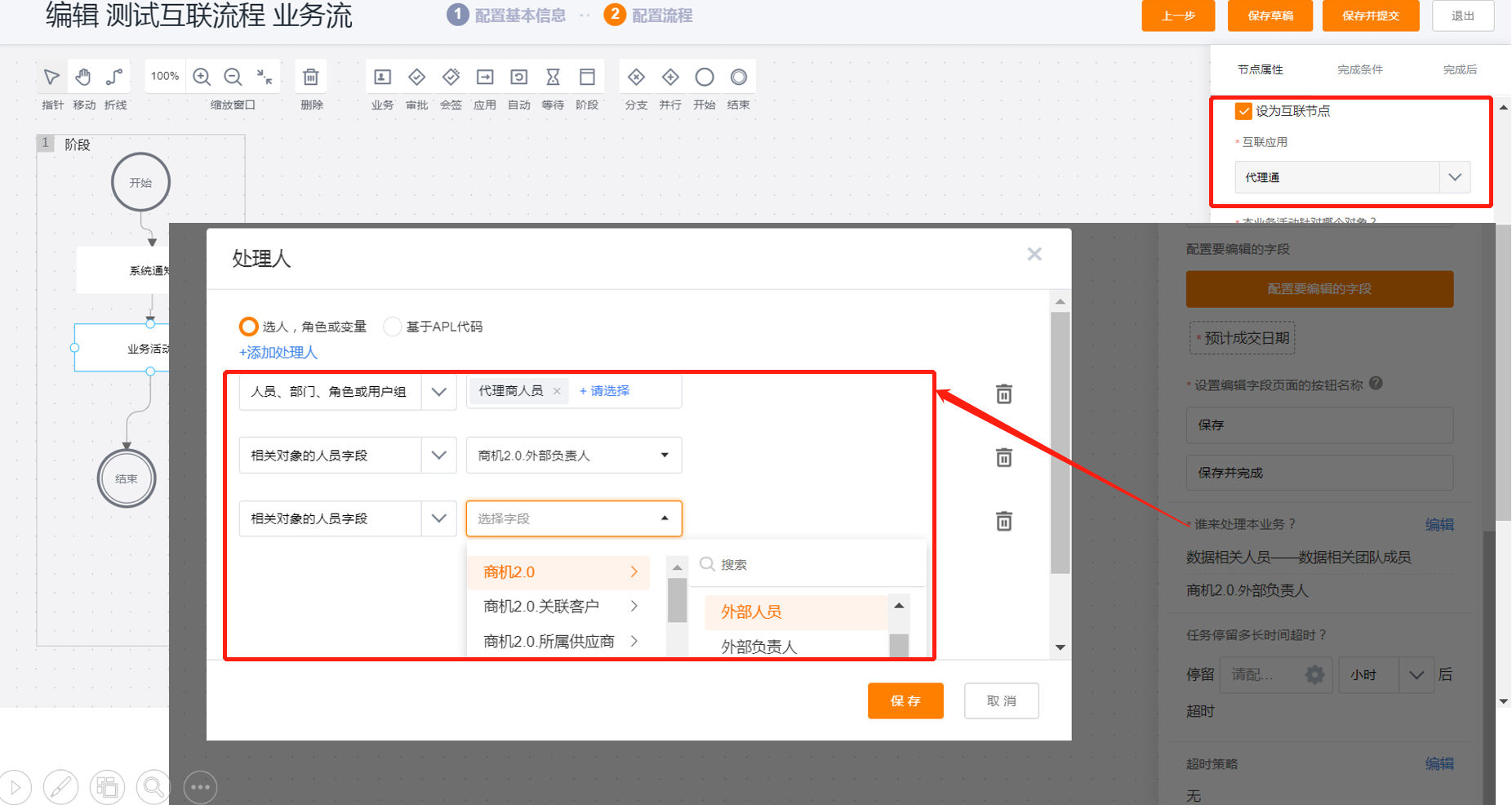 在互联业务流中选择外部角色