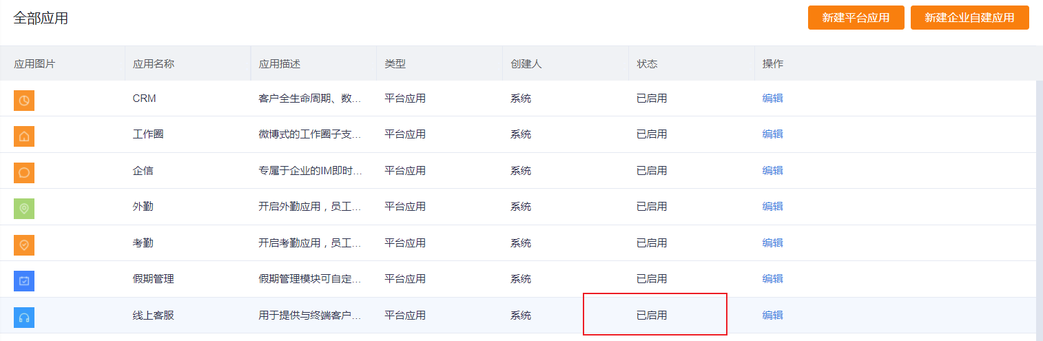 线上客服应用需单独开启：