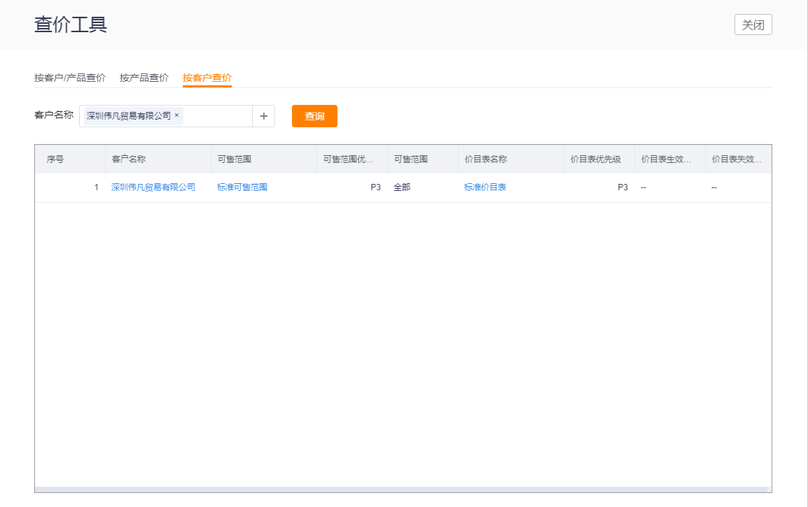 设置完价目表和可售范围后，特别是了很多可售范围和价目表，这个时候可能就不知道一个具体的客户到底有哪些价目表和可售范围，那