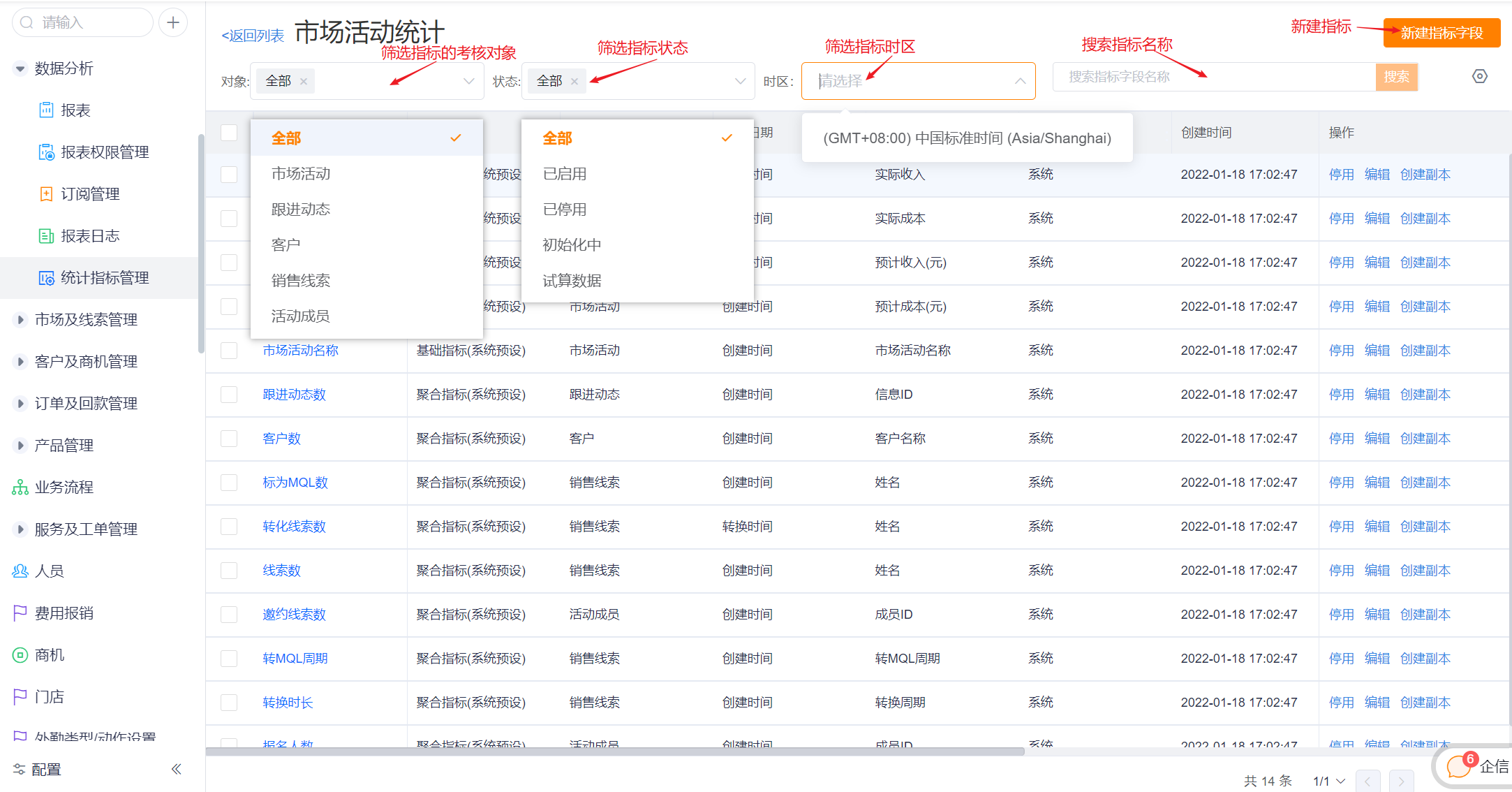 指标列表页可操作项界面示意