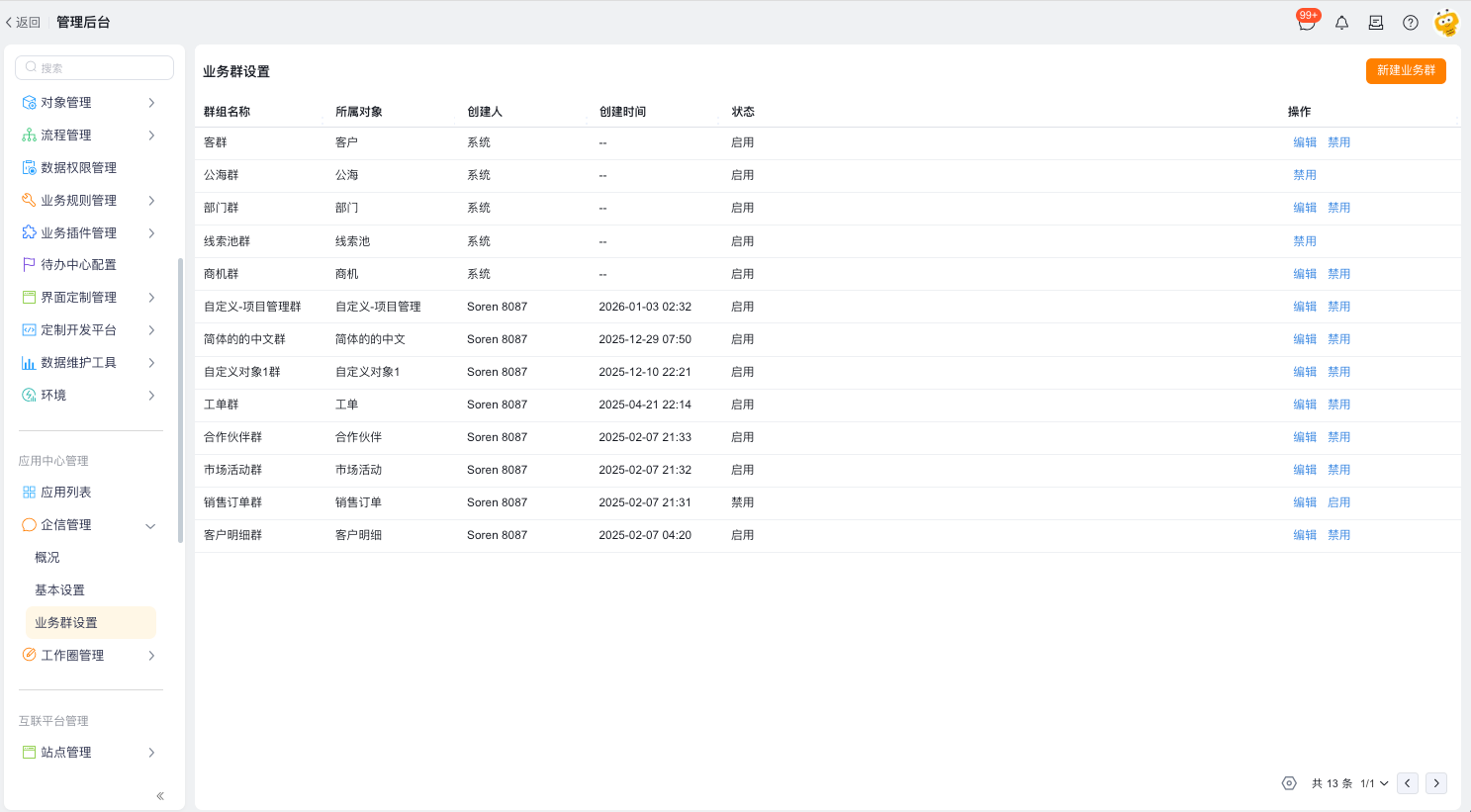 现行业务群设置页面