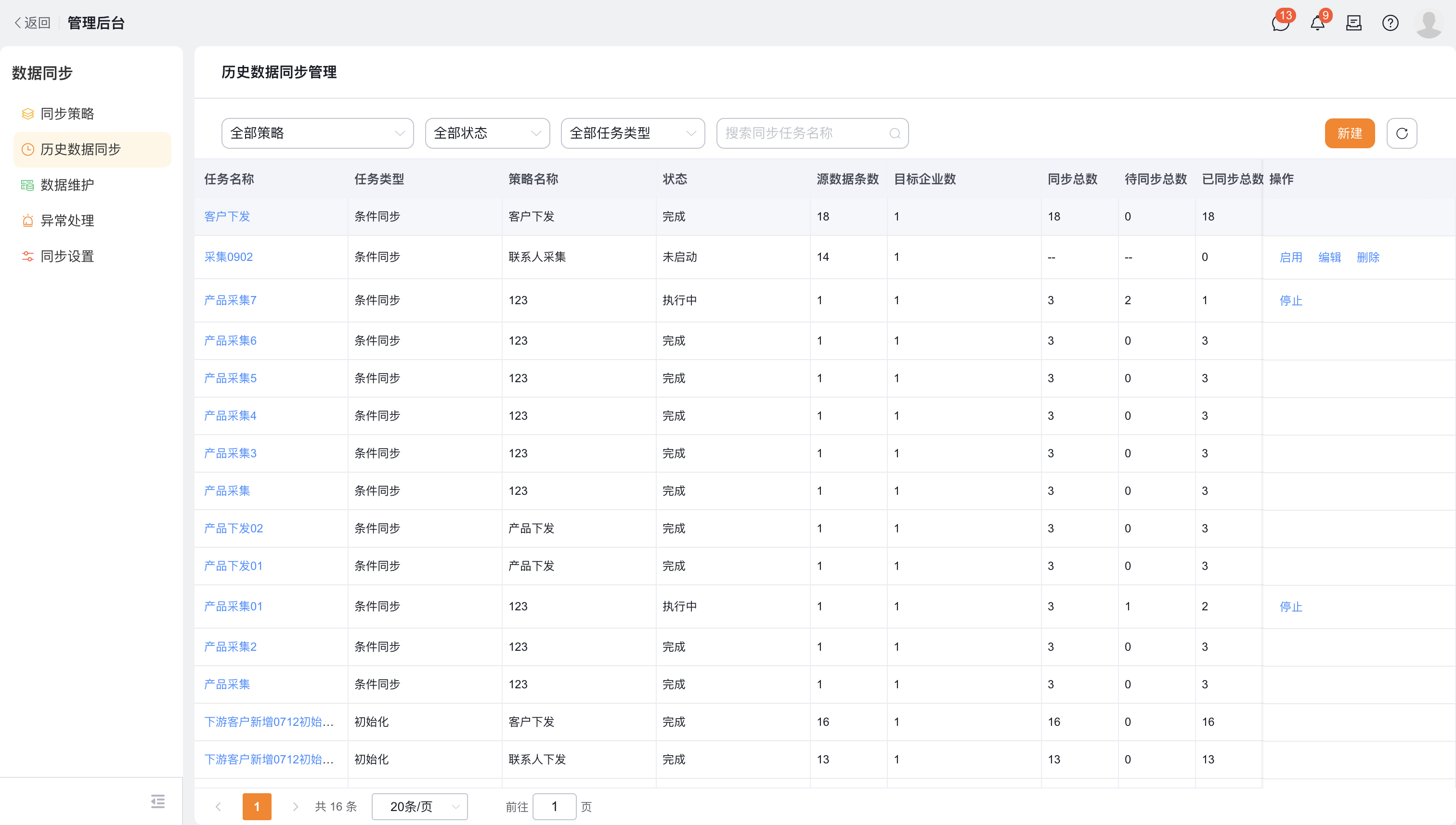 历史数据同步任务列表与执行进度