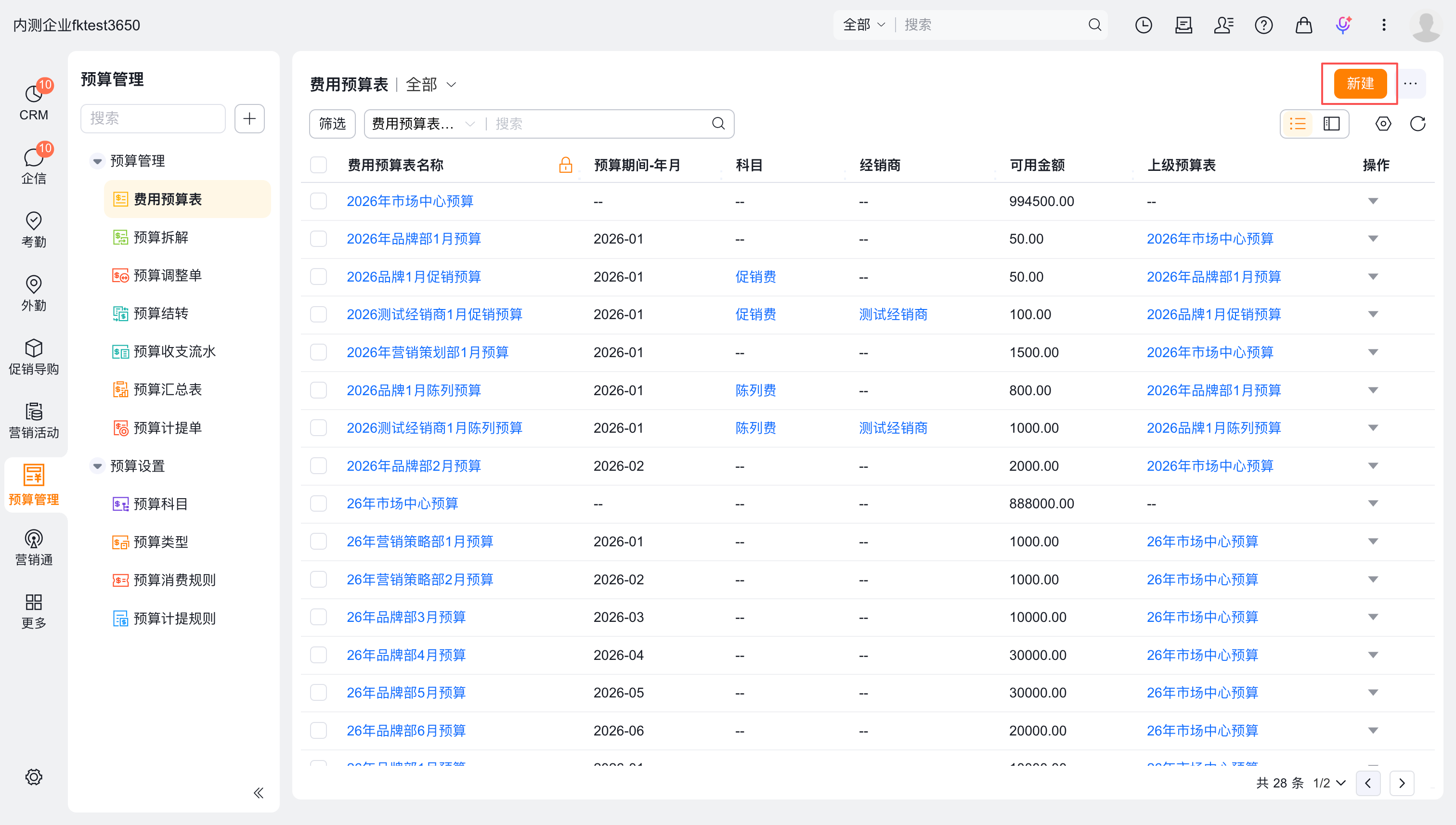 费用预算表新建入口
