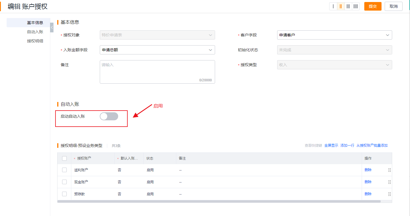 启用自动入账